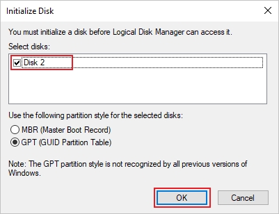 Screenshot that shows the Initialize Disk dialog box with the GPT partition style selected.